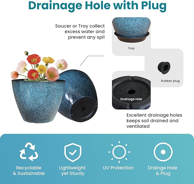 2 Pack Plastic Plant Pots with Drainage Holes, 8 inch Planter