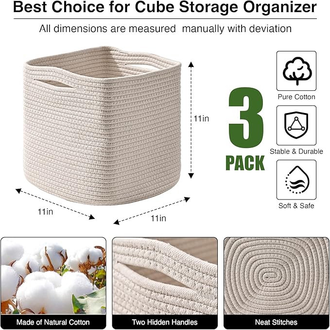 11 Inch Cube Storage Bins, Organizer Bins, Woven Cotton Rope Baskets for Storage, Storage Baskets for Organizing Shelves, White Basket for Toys, Off White (Pack of 3)