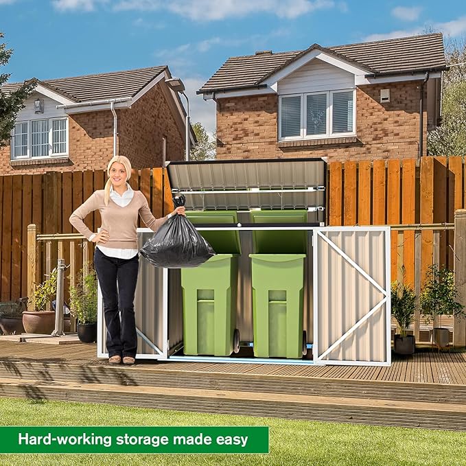 AECOJOY Outdoor Trash Can Storage Shed, 46 Cu.Ft White Trash Can Storage Shed Outdoor Horizontal Storage Cabinet Waterproof, Garbage Can Storage Bicycle Sheds & Outdoor Storage Clearance