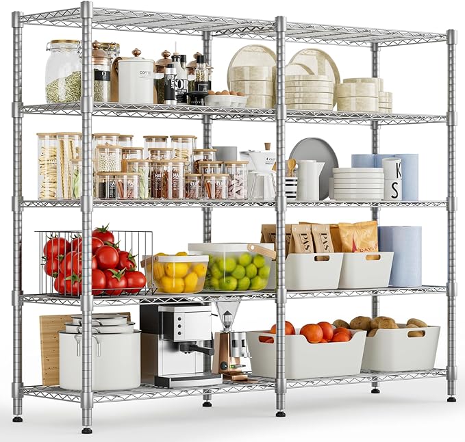 Himimi 72"W Wire Rack Shelving-2000LBS Capacity, Adjustable Storage Shelves Metal Shelves for Storage, 5-Tier Heavy Duty Wire Organizer for Kitchen, Garage, Pantry, 72" W x 18" D x 72" H, Silver Grey