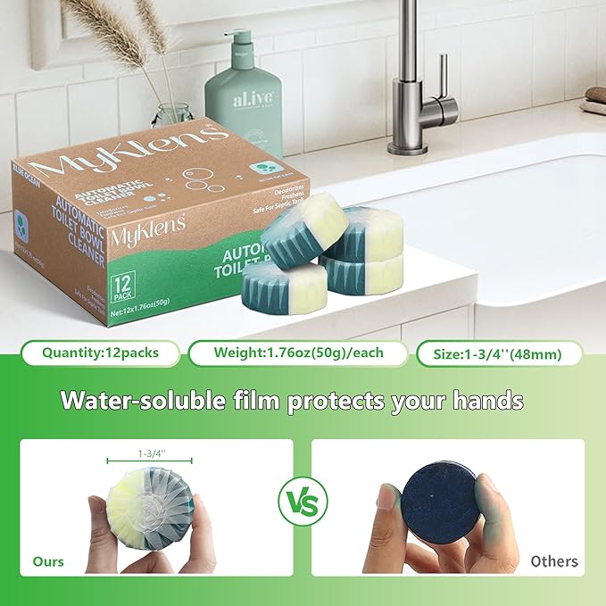 Toilet Bowl Cleaner Tablets, Automatic Toilet Bowl Cleaners, Long-Lasting Toilet Tabs Drop in Tank for Deodorizing & Descaling, Green & Yellow, 12 Packs