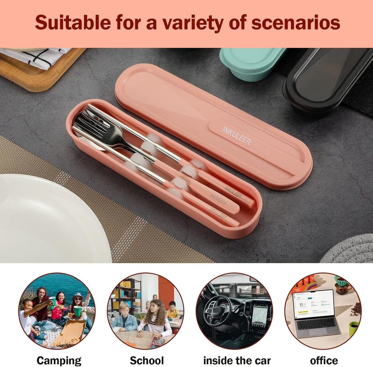 Travel cutlery set, 18/8 stainless steel cutlery, Reusable utensils set with case, Portable Silverware Lunch Box for Camping and Office(Pink）