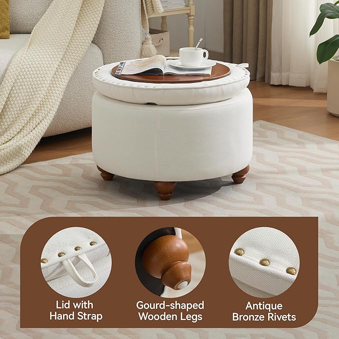 24Inch Round Storage Ottoman with Tray, Modern Tufted Fabric Circle Coffee Table with Storage, Upholstered Ottoman with Removable Top for Living Room, Bedroom, Beige
