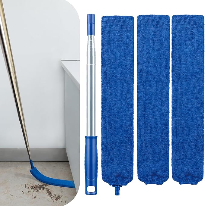 Retractable Gap Dust Cleaner with Extension Pole, Cleaning Tools with 3 Microfiber Dusting Cloths, Extendable Long Handle Duster for Cleaning Under Refrigerator Furniture Appliance (Blue)