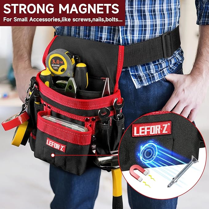 Tool Belt,Magnetic Tool Pouch,14-Pockets Tool Belts for Men,Detachable & Adjustable Tool Pouch Belt for Electrician,Carpenter,Construction,Work Apron,Utility Belt,Black-Red