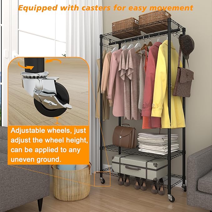 Rolling Portable Garment Rack,Freestanding Clothes Racks, Portable Closet Wardrobe with 3 Adjustable Wire shelves,2 Side Hooks, Black