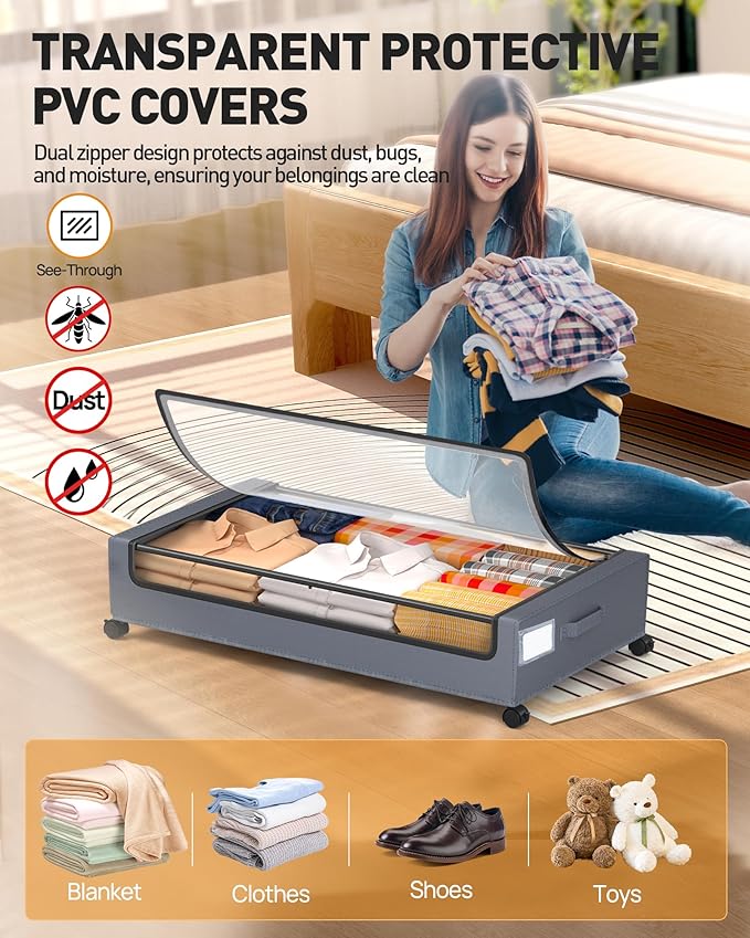 Under Bed Storage with Wheels, Square Under Bed Storage Containers, 60L Under The Bed Storage Bins, Rolling Metal Drawer for Clothes, Blankets, Shoes...