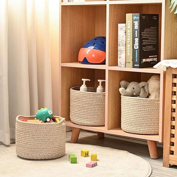 Small Storage Baskets for Organizing, Organizer Baskets for Shelves, Small Woven Basket for Storage, Cute Cotton Rope Basket for Gifts Empty, 9.7"×9.7"×7" (3 Packs) Brown