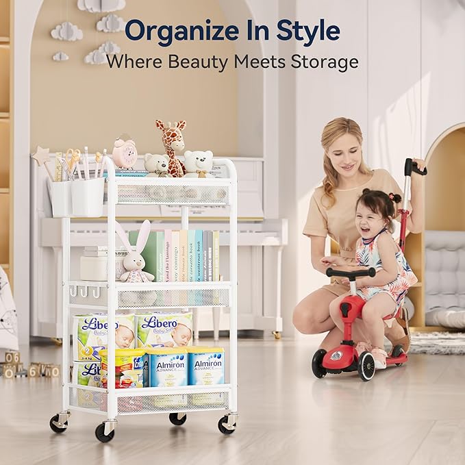 YASONIC 3 Tier Rolling Cart – Metal Utility Storage Cart with Wheels, Craft Carts Organizer with Hanging Cups, Hooks, Mesh Basket for Bedside Kitchen Office Art, White