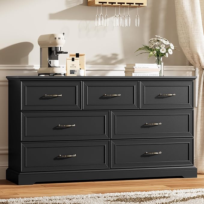 7 Drawer Dresser for Bedroom, 57" Wide Wooden Chest of Drawers, Rustic Farmhouse Dresser with Large Drawers & Metal Handles, Modern Storage Organizer for Closet, Living Room, Hallway, Black