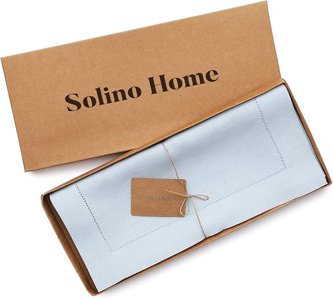 Solino Home Linen Light Blue Table Runner 60 Inches - Classic Hemstitch, 100% Pure Linen Coffee Table Runner 14 x 60 Inch Ideal for Dresser Tables, Christmas, New Year