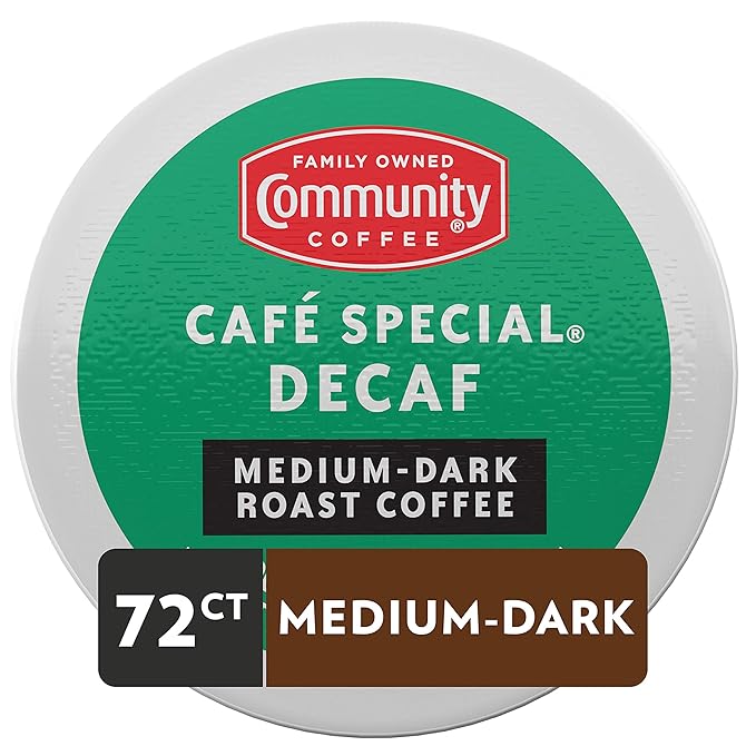 Community Coffee Café Special Decaf 72 Count Coffee Pods, Medium Dark Roast Decaf, Compatible with Keurig 2.0 K-Cup Brewers