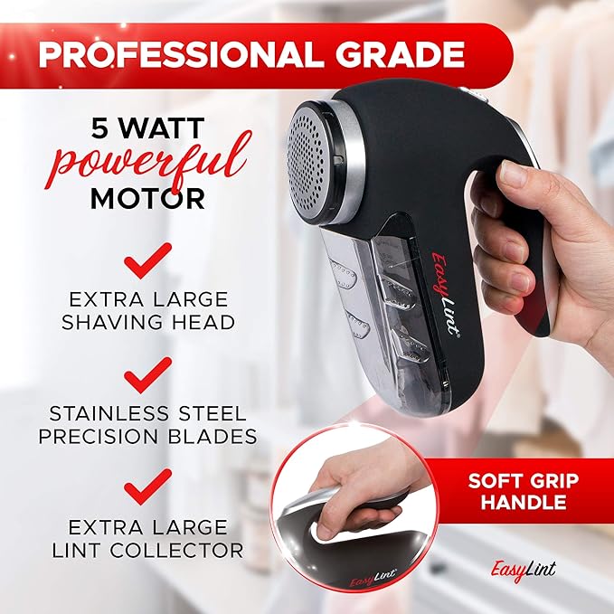 EasyLint Professional Fabric Shaver Lint Remover, Electric Sweater Shaver for Clothes & Furniture Works with AC Adapter or Batteries, Pilling Remover with 2-Blades, Cleaning Brush & Power Cord