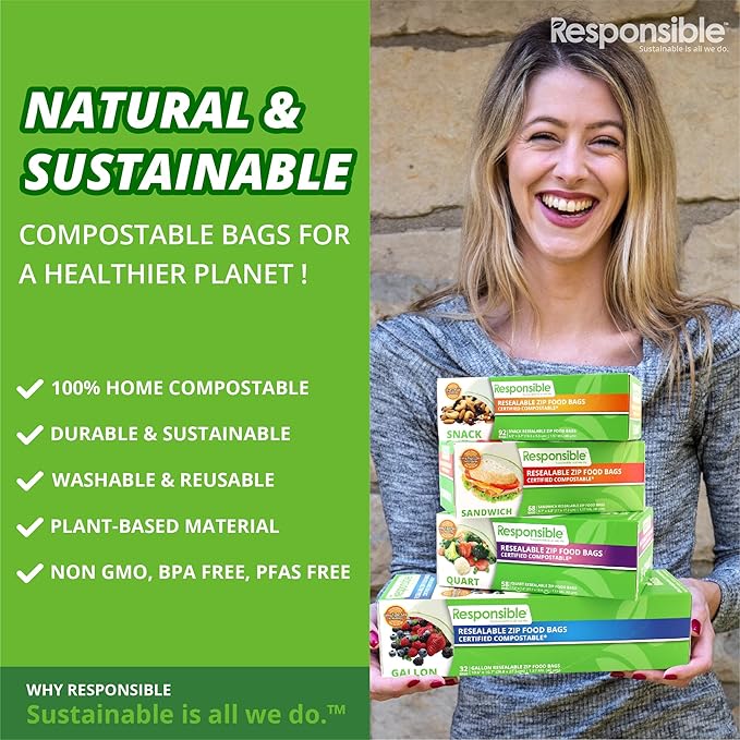 Responsible Products Certified Compostable SNACK Resealable Zip Bag, Extra Strength Food Bags, Plant-Based Freezer-Safe (184 Pack)