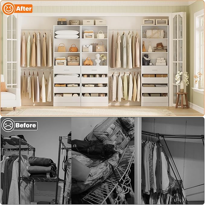 Aheaplus Closet System with 12 Drawers, 8.5-11.5Ft Wood Closet Organizer System with 4 Hanging Rods & 3 Towers, 4Ft & 6Ft L-Shaped Walk-in Closets Wardrobe Organizer Clothes Rack, Set of 3, White