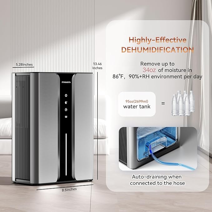 95oz Home Dehumidifier, (950 sq.ft) Quiet dehumidifier for Bedroom Bathroom with Drain Hose, with Air Reusable Filter Indoor deshumidificador for Basement RV Closet