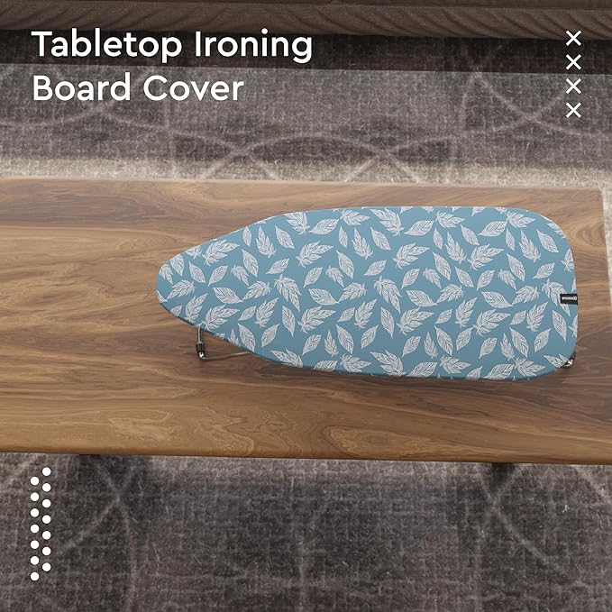Encasa XO Ironing Board Cover and Pad 28"x12" - Thick 3mm Felt Padding, Drawstring Tightening & Lock, Easy Fit, Scorch & Stain Resistant, Fits Mini Ironing Board - Big Leaves Blue