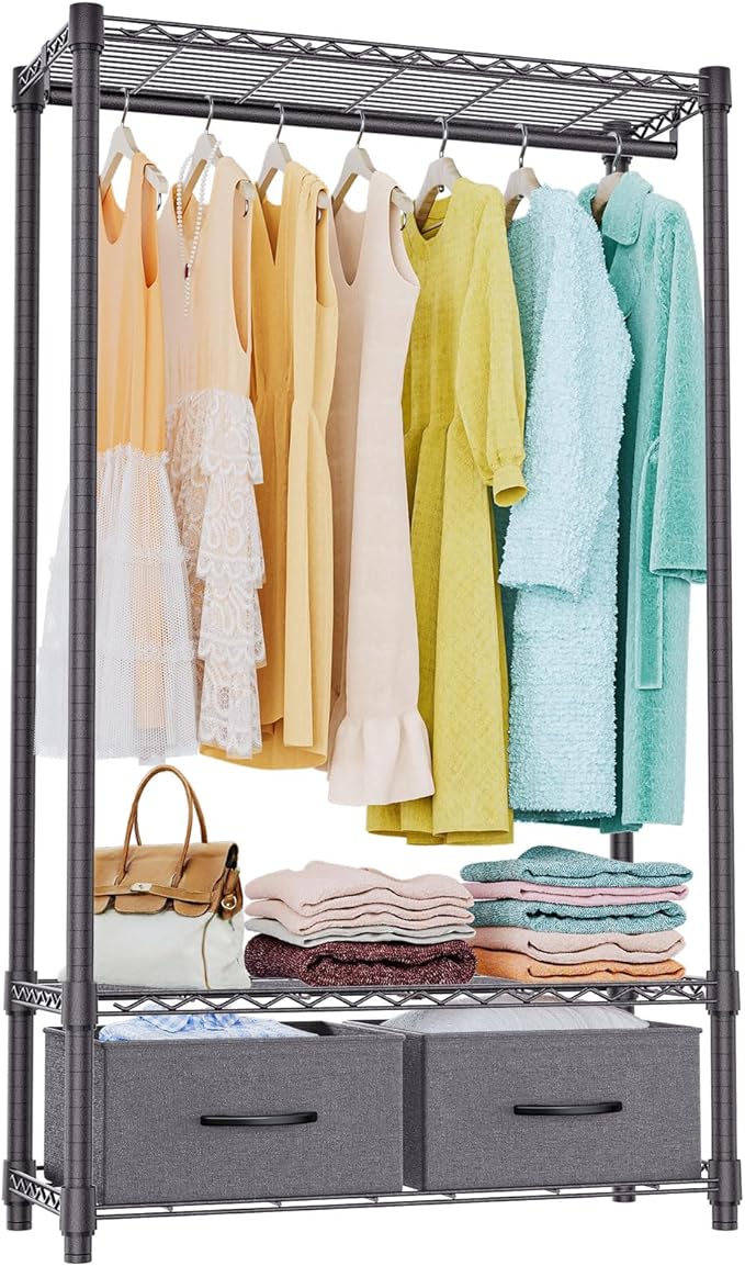 IZEUK Heavy Duty Garment Rack Wire Clothes Rack for Hanging Clothes, Metal Freestanding Closet Wardrobe Rack with 1 Rod and 2 Drawers Dark Grey 15.7" D x 35.5" W x 72.4" H