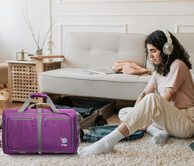 Bago Foldable Duffel Bags for Traveling Women & Men - 40L Sports Packable Duffle Bag for Travel with Shoe Compartment - Water Repellant, Heavy Duty, Lightweight Folding & Collapsible (Purple)