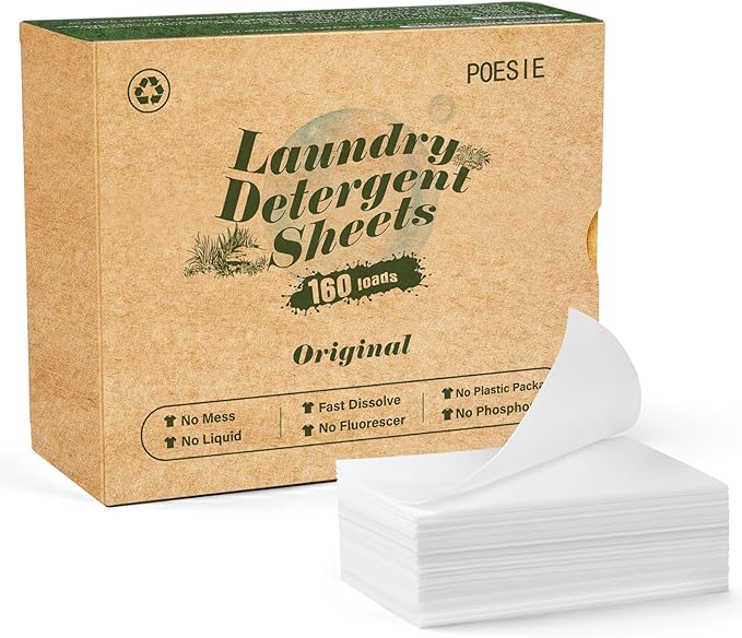 Poesie Laundry Detergent Sheets Original（Rainy Glass） Scent 160 Count Camping Hiking RV Trip Liquidless Clothes Laundry Detergent Strips for Travel Hotel Sink Dorm Home Outdoor
