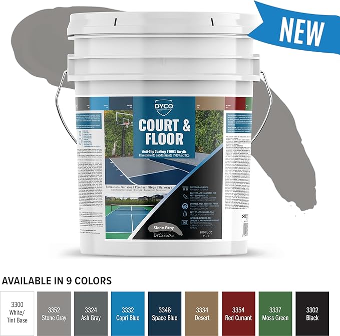 DYCO Court & Floor Anti-Slip Coating - Slip-Resistant Pavement, Cement & Concrete Paint for Pickleball, Tennis & Basketball Courts, Exceeds ADA Standards for Safety Areas (Stone Gray, 5 Gallons)