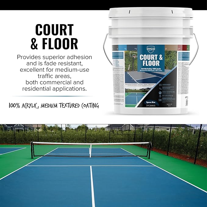 DYCO Court & Floor Anti-Slip Coating - Slip-Resistant Pavement, Cement & Concrete Paint for Pickleball, Tennis & Basketball Courts, Exceeds ADA Standards for Safety Areas (Space Blue, 5 Gallons)