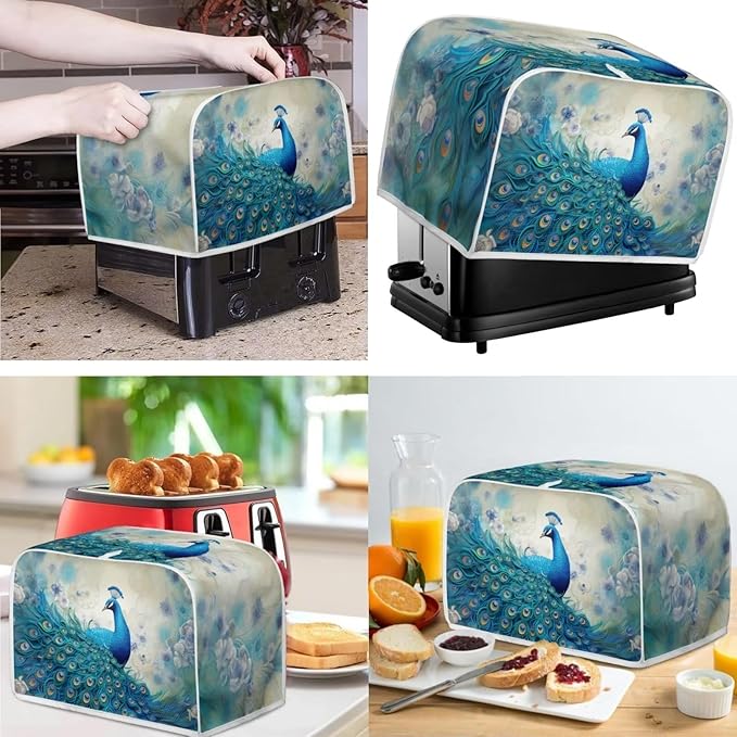 Blue Peacock Print Appliance Covers Set Washable Kitchen Blender Dust Cover Bread Maker Toaster Cover 2 Slice Kitchen Accessories