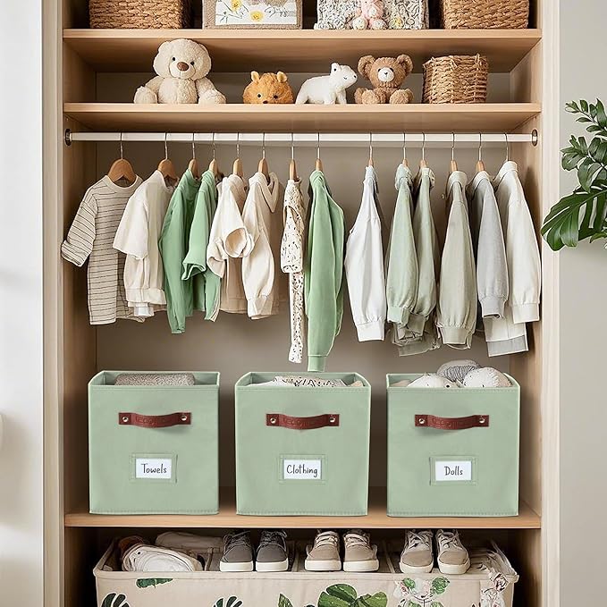 DECOMOMO Storage Bins, Cube Storage Bin with Labels, Fabric Storage Cubes for Shelves (10.5" x 11" / 6pcs, Sage Green)