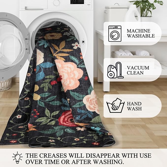 DUKINO Runner Rug, 2x10 Kitchen Runner Rug for Hallway with Non Slip Backing, Washable Low Pile Soft Boho Floral Carpet for Kitchen, Entryway, Hallway, Laundry, Bedroom, Black