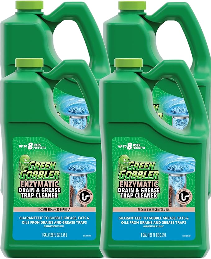 Green Gobbler ENZYMES for Grease Trap & Sewer - Controls Foul Odors & Breaks down Grease, Paper, Fat & Oil in Sewer Lines, Septic Tanks & Grease Traps (4 Gallon Case)