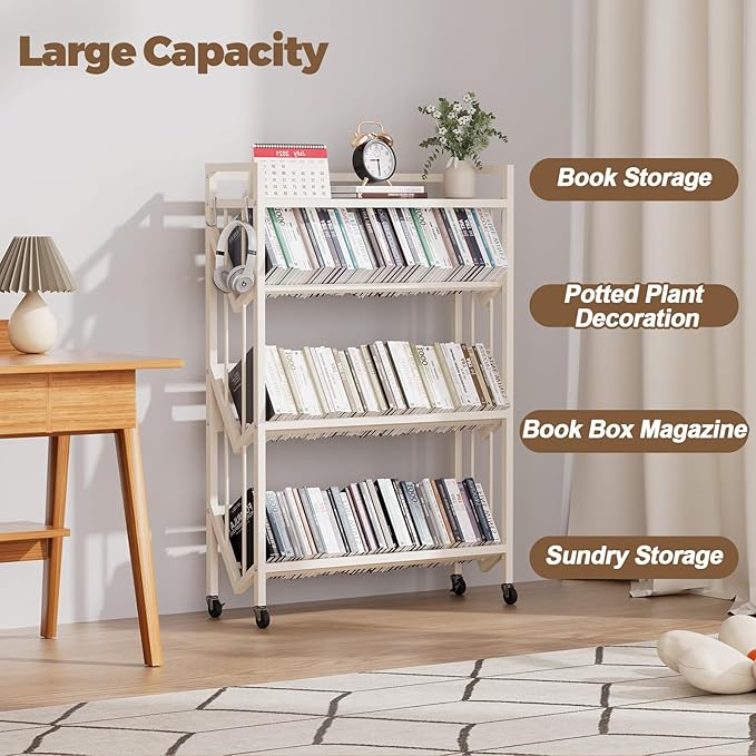 Book Carts 4 Tier 46.5x35.4x9.84 in Rolling Book Cart Large Capacity Bookshelf Storage Rack Mobile Book Storage with Wheels Cart for Home Office Living Room Classroom (White)