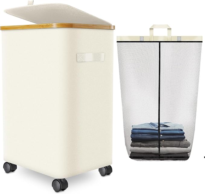 Laundry Hamper with Wheels,20 Gal (75L) Laundry Basket with lid Rolling Clothes Hamper Foldable Dirty Clothes Basket on wheels with Bamboo Frame and Bag for Bedroom, Dorm, Laundry Room-Off White