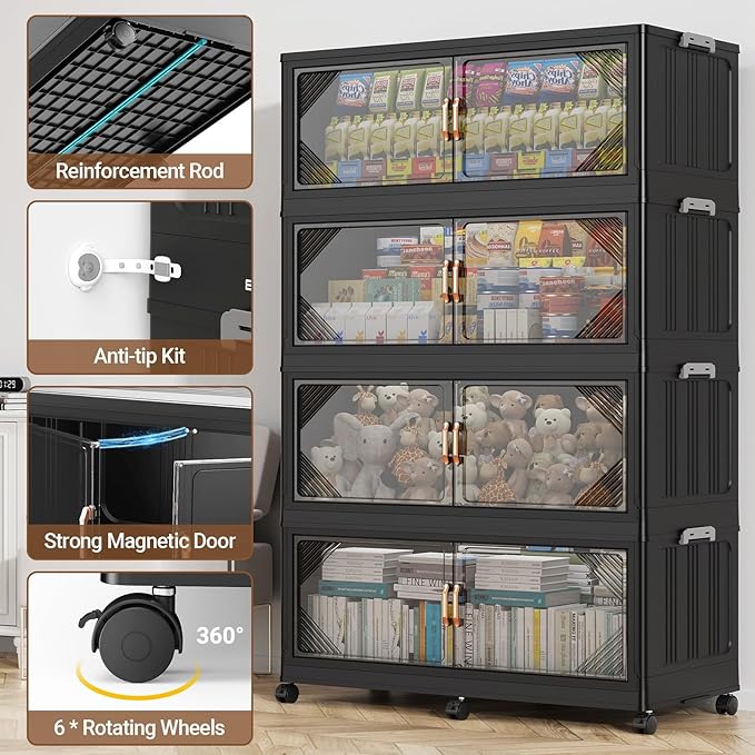 220Gal Plastic Stackable Storage Bins with Lid, 880QT Extra Large Closet Organizers Collapsible Cabinets Boxes With Drawers, Foldable Containers with 6x Wheels for Home Kitchen, V60 4Pack Black