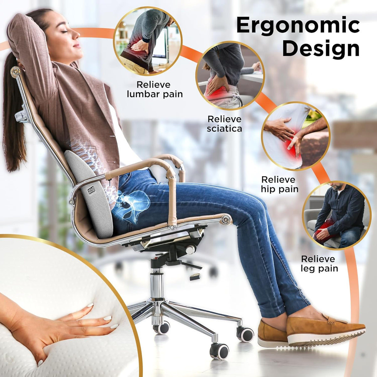 BLACK+DECKER Cooling Gel Lumbar Memory Foam Cushion – Ergonomic Back Support Travel Pillow with Ventilated Mesh, Adjustable Strap, Slow Rebound Memory Foam, Washable Cover