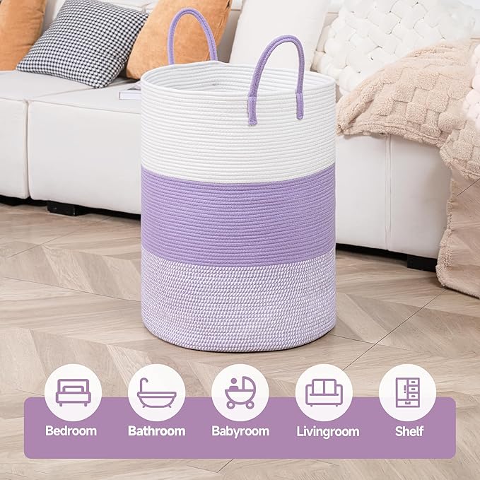 CLHMILY&Z 100L Laundry Basket Round Storage Rope Basket - 18.1x24 Inches - Lavender Hamper in Bedreoom and Cute Storage Bin for Blankets, Toys, and Nursery Essentials