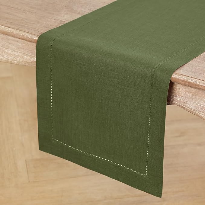 Solino Home Linen Olive Table Runner 132 Inches Long - 100% Pure Linen Extra Long Table Runner 14 x 132 Inch for Christmas, New Year - Classic Hemstitch