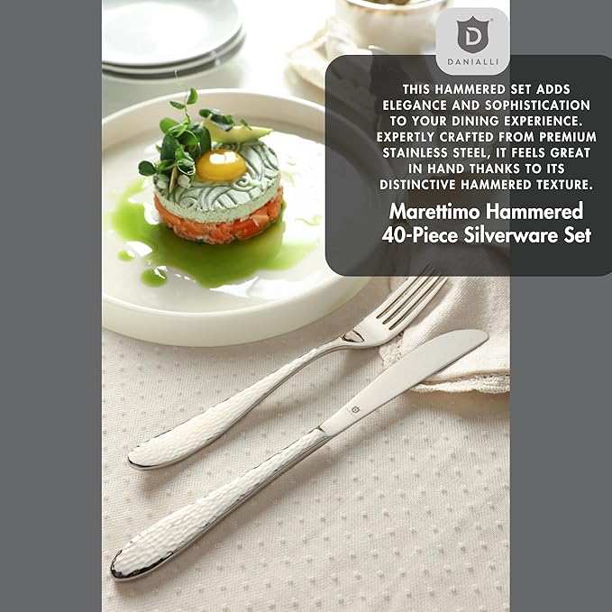 Hammered Silverware Set | Premium 18/10 Stainless Steel Flatware Service for 8 | Heavy-Duty & Dishwasher Safe | Built to Last (40-Piece, Marettimo Hammered)