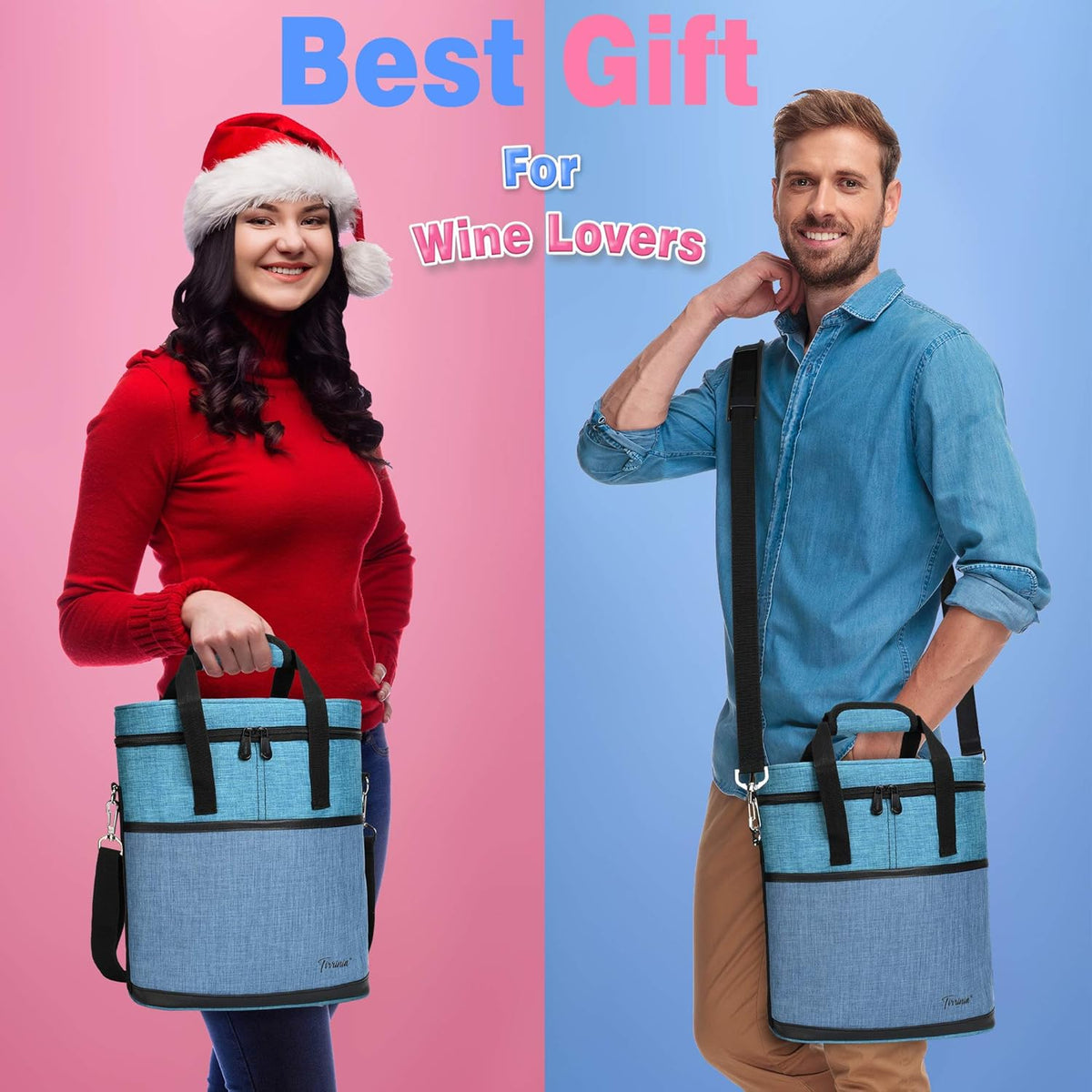 Tirrinia Insulated Wine Gift carrier - 3 Bottle Travel Padded Wine Carry Cooler Tote Bag with Handle and Adjustable Shoulder Strap, Blue