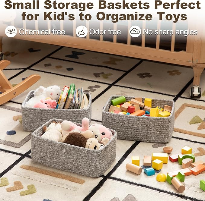 3 Pack Small Storage Baskets for Organizing, Cute Woven Decorative Gift Baskets for Shelves, Mini Closet Organizer Bins with Handles, 11.81''Lx7.87''Wx4.72''H-Grey