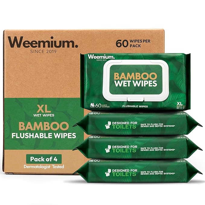 Weemium Bamboo Wipes – Pack of 4 (240 XL Flushable Wipes) – Organic, Tree-Free, FSC Certified & Septic Safe – 99% Water, Unscented & Sensitive Skin Safe – Biodegradable, Compostable & Eco Friendly
