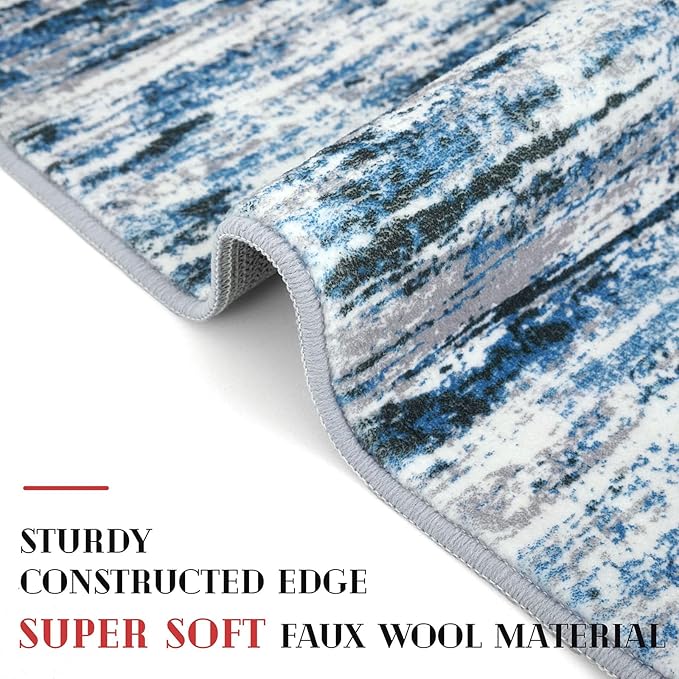 Modern Abstract 4x6 Living Room Washable Rug Non-Slip Soft Bedroom Area Rug Grey Blue White Thin Print Faux Wool Floor Carpet Throw Rugs for Nursery Playroom Dining Room Indoor Home Decor
