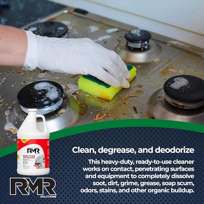 RMR Degreaser and Cleaner - Ready to Use Indoor/Outdoor Formula Works on Contact, For Heavy-Duty Cooking Surfaces, Indoor, Outdoor, Automotive, and Equipment Cleaning, 1 Gallon