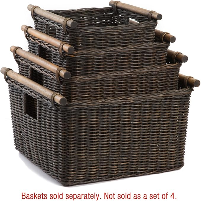 The Basket Lady Deep Pole Handle Wicker Storage Basket, Extra Large, 17.5 in L x 18 in W x 11.5 in H, Antique Walnut Brown