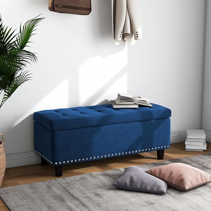 Ottoman with Storage, Storage Ottoman Bench with Button-Tufted, Upholstered End of Bed Bench with Wooden Legs for Bedroom, Entryway (Navy Blue, Set of 1)