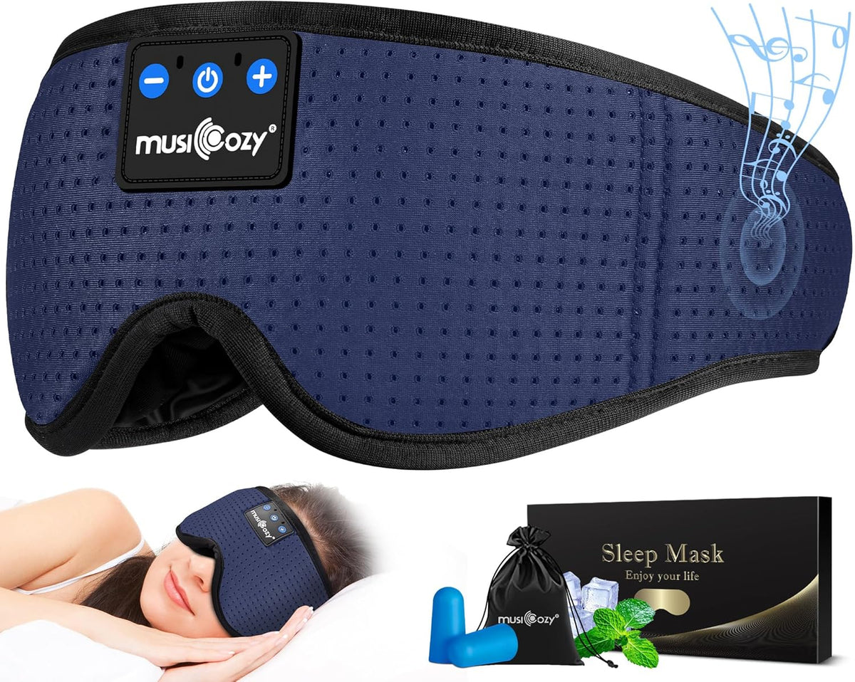 MUSICOZY Sleep Headphones Bluetooth Sleep Eye Mask for Sleeping, Headband Wireless Headphones Sleeping Masks, Sleep Earbuds for Side Sleepers Men Women with Speakers Cool Tech Gadgets(Blue)