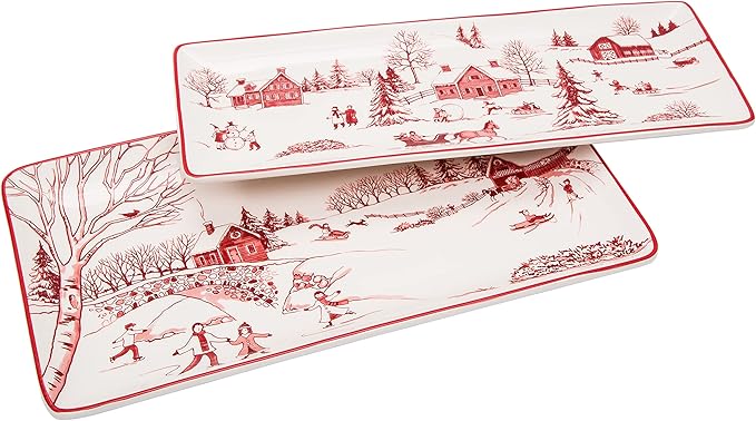 Bico Toile De Jouy Winter Wonderland Ceramic 14 inch Rectangular Serving Platter, Set of 2, for Serving Salad, Pasta, Cheese, Ham, Appetizer, Microwave & Dishwasher Safe