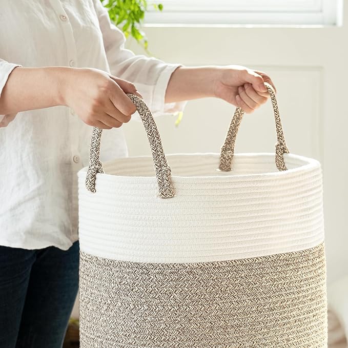 INDRESSME Tall Wicker Laundry Basket, Large Woven Clothes Hamper for Bedroom, Bathroom, Living room, Tall Nursery Hamper for Blankets, Toys, 16 x 20 inches White & Brown