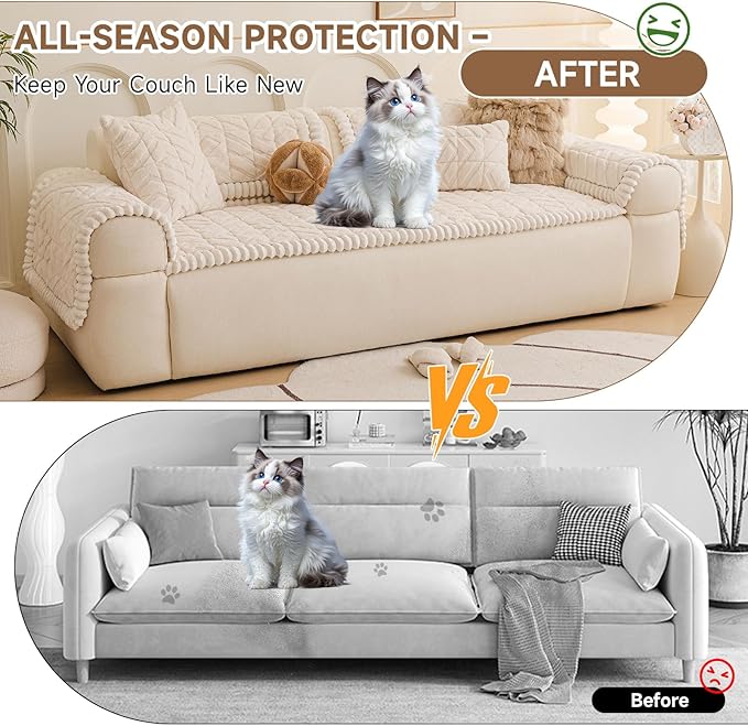 OTOB All Season Couch Cover for Dogs Washable, Non Slip Fuzzy Plush Pet Couch Covers Kids Pet Friendly, Geometric Jacquard Modern Soft Loveseat Sofa Slipcovers Protectors (White, 27.6"x59.1")