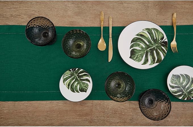 Solino Home Linen Rainforest Green Hemstitch Table Runner 60 Inches - 100% Pure Linen Small Table Runner 14 x 60 Inch Ideal for Dresser and Coffee Tables - Classic Hemstitch - Christmas, New Year
