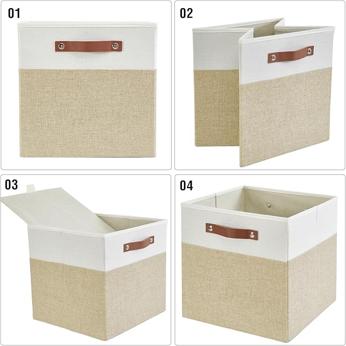 Collapsible Fabric Storage Cube Bins with 2 Reinforced PU Handles, Foldable Storage Organizer Baskets for Closet, Shelves, Living Room | 13"x13"x13", 4 Pack, Beige & White